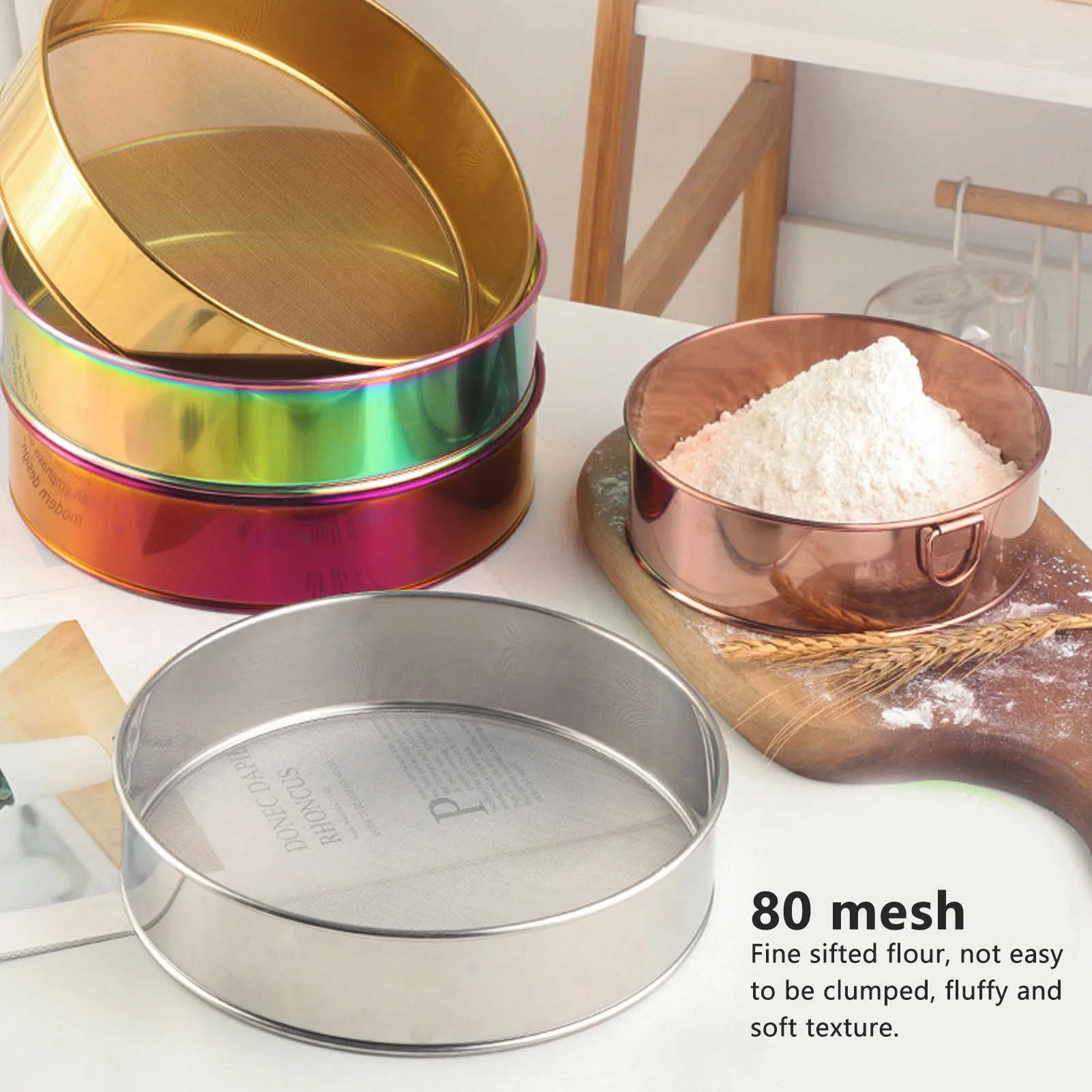 80 Mesh Round Flour Sifter Stainless Steel Silver Titanium Coated Fine Mesh Filter for Powdered Sugar Cocoa Powder Baking