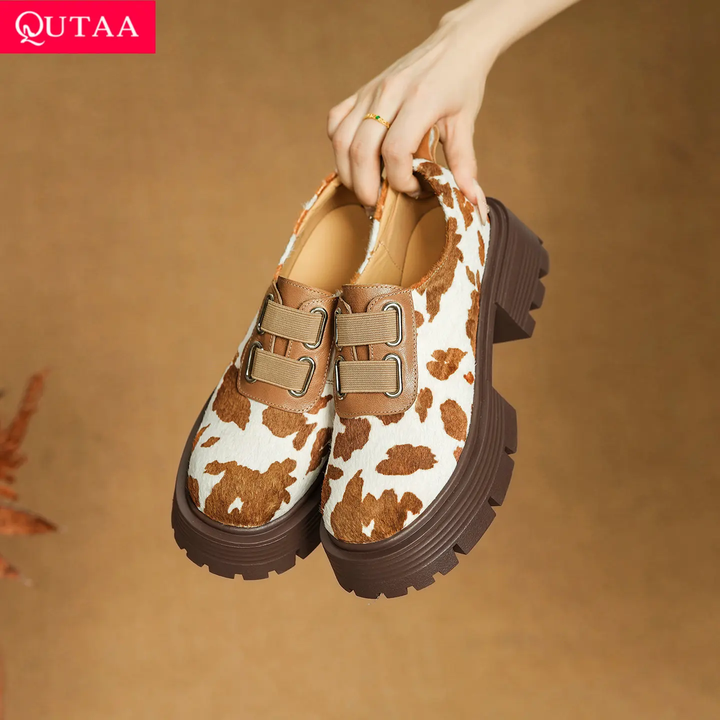 

QUTAA 2026 Модные женские туфли из конского волоса и кожи: весенние балетки, туфли на низком каблуке, повседневные туфли с круглым носком, лоферы, размеры 34-40