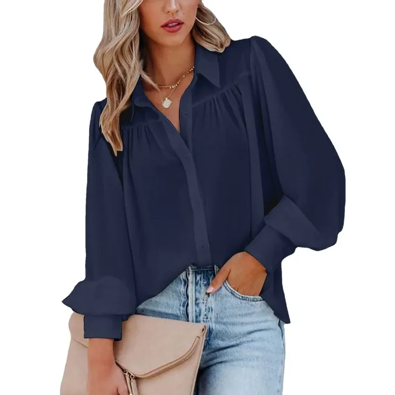 

Elegant Women Loose Shirt Top Casual Autumn Winter Y2K Long Lantern Sleeve Turn Down Collar Single Breasted Blouse T-shirt