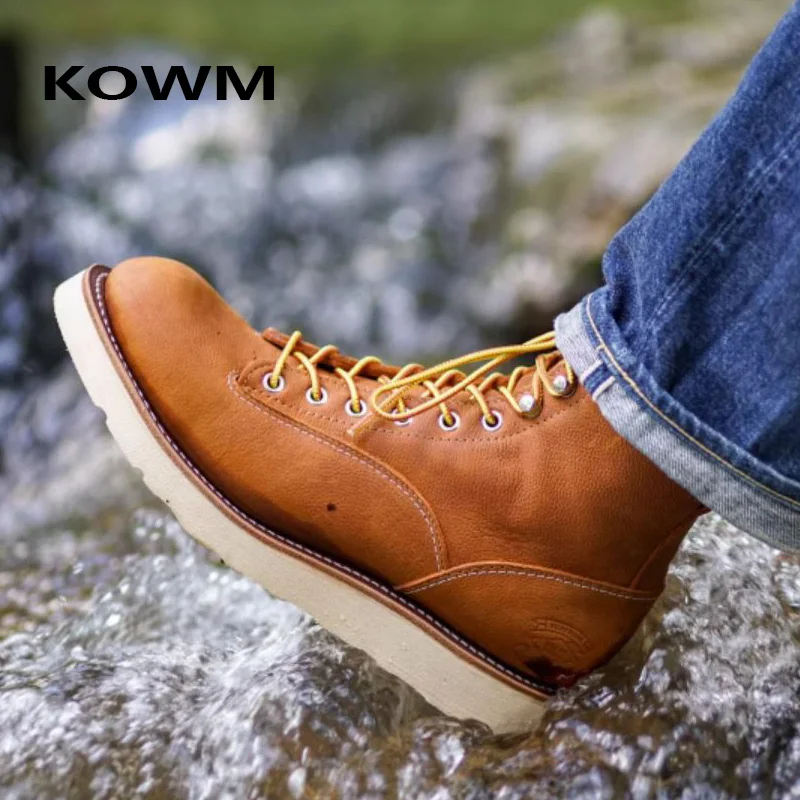 KOWM Cowhide Goodyear Hiking shoes men's walking boots high top motorcycle boots ankle travel casual sneakers trekking shoes
