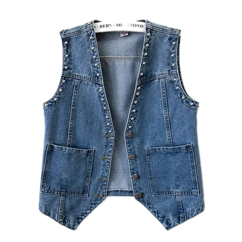 

Spring autumn new fashion Rivet Denim Vest V-neck Women Pockets Sleeveless Short thin Jean Jacket Female loose Waistcoat T371