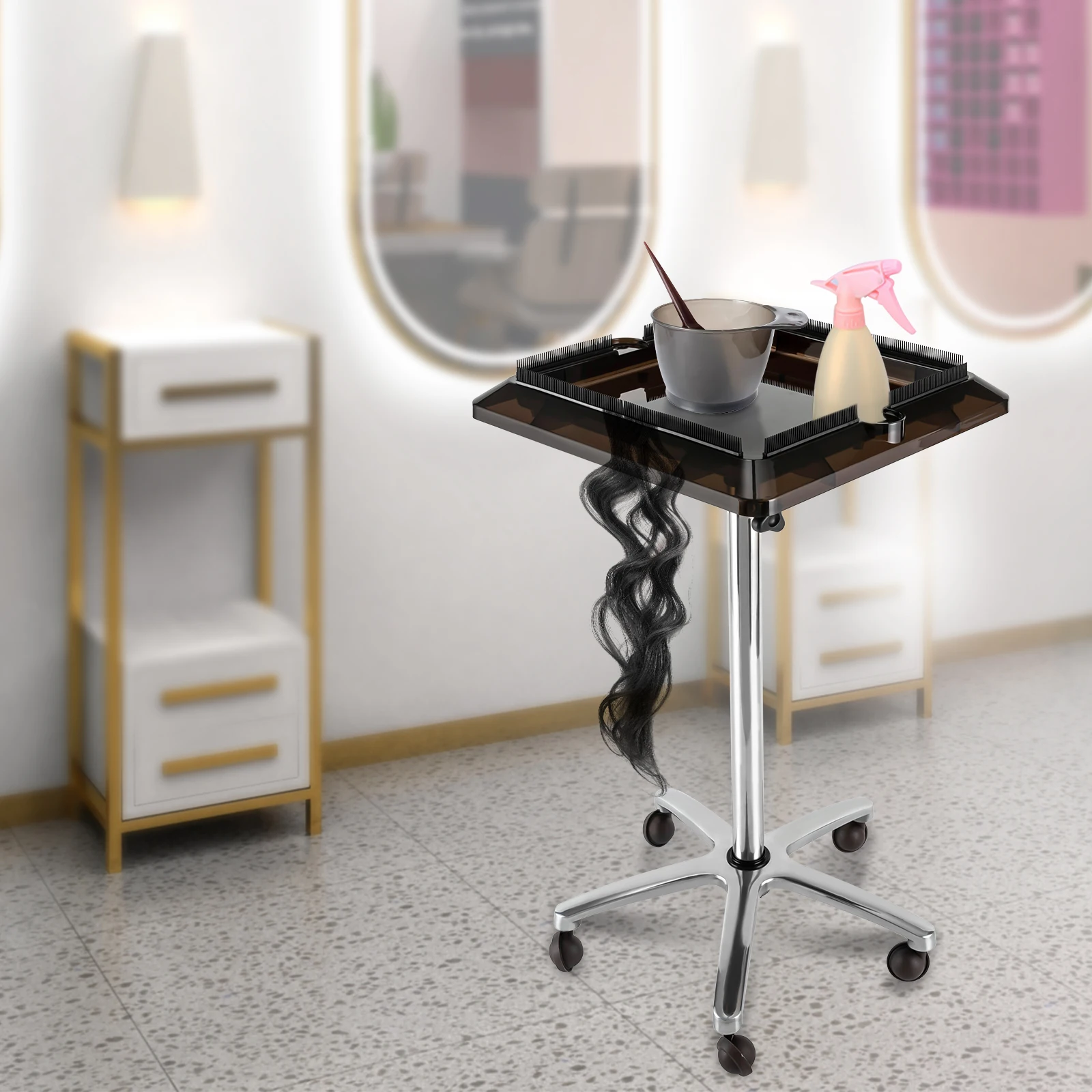 Adjustable Height Rolling Salon Tray on Wheels, Hair Salon Wig Holder, Removable Hair Extension Tool, Cart