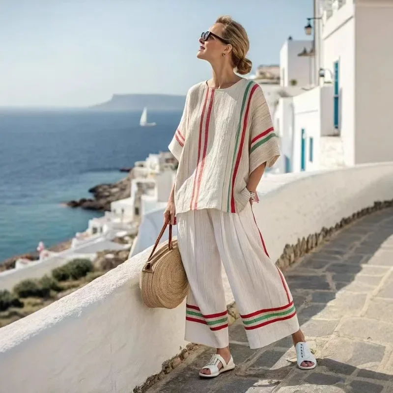 

Домашняя одежда, домашняя одежда, пижамы, уличная одежда, летняя рубашка с принтом, брюки, комплект из двух предметов для женщин, повседневный спортивный костюм Y2K с свободным полосатым принтом