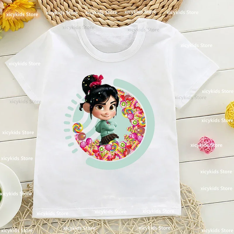 Vanellope-Little Girls Cartoon Print T-shirts, camisa branca infantil, moda infantil, roupas fofas, atacado, novo, 2024