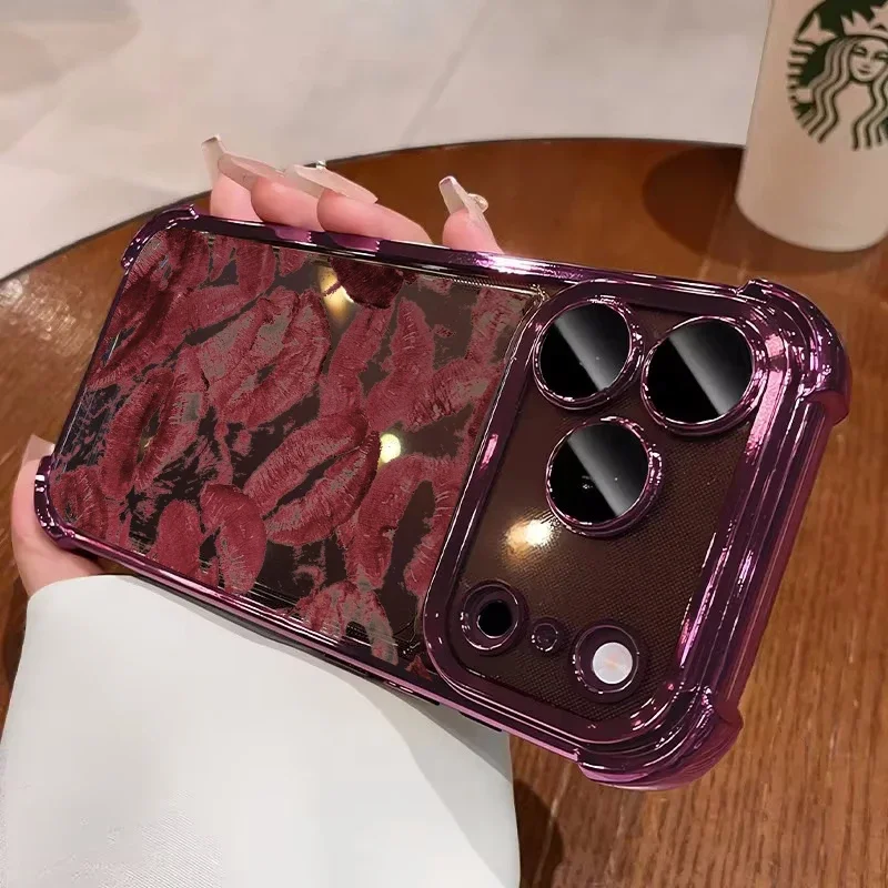 Burgundy Lip Print Electroplated Case For Samsung Galaxy S26 FE S25 S24 S22 S23 S21 Plus S20 FE Ultra Korean Girly INS Cover