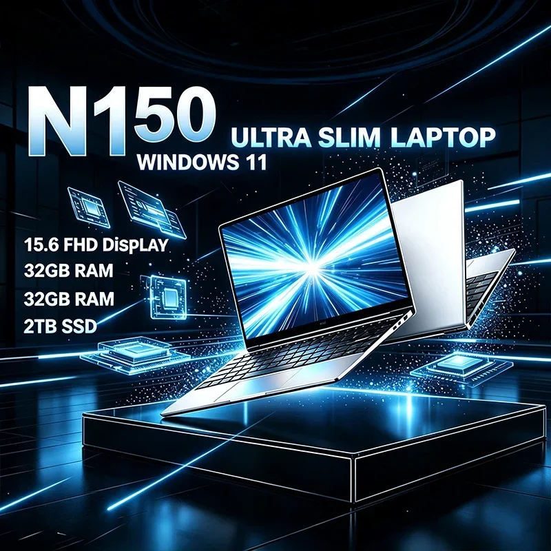 15.6 Inch Intel N150 Laptop 120Hz FHD IPS Display 32GB RAM 2TB SSD High Refresh Rate Backlit Keyboard Long Battery Life