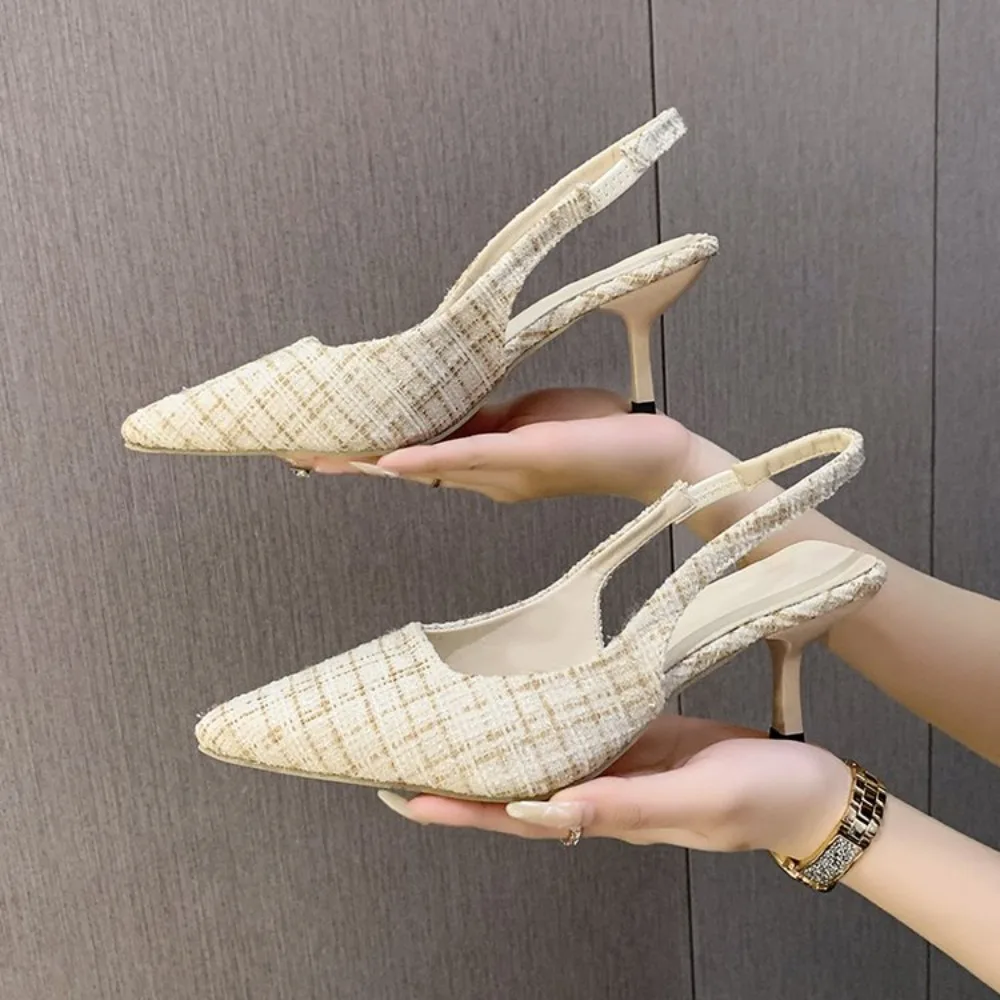 Elegant Office Ladies Slingback Stiletto Shoes Summer Backless Pointed Toe Thin Heels Light Blue Checkered High Heeled Sandals view 5