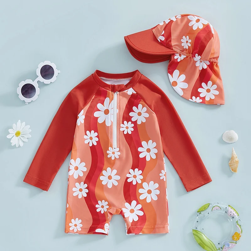 Toddler Girl Long Sleeve Swimsuit Floral/Flamingo Print Half Zipper Non-Pilling Rash Guard Swimwear Sunhat Set