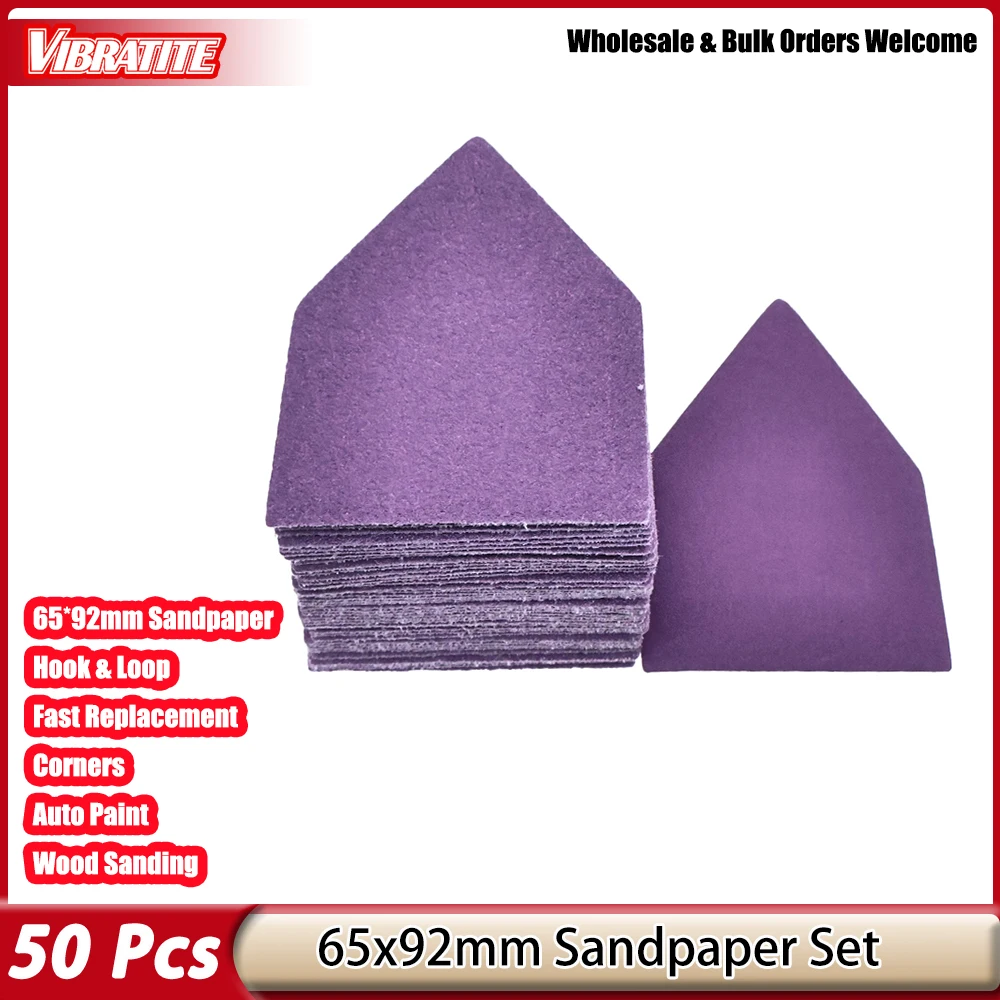 50Pcs 65x92mm Hook&Loop Sanding Sheets Purple Alumina Sandpaper for Auto Paint Putty Woodwork Corner&Tight Space Polishing