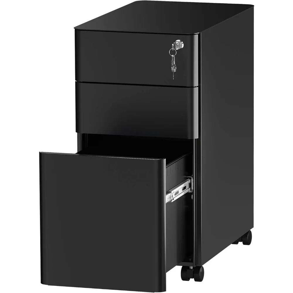 

3-Drawer Slim File Cabinet with Lock, Mobile Metal Office Storage Filing Cabinet, Legal/Letter Size, Pre-Assembled File Cabinet