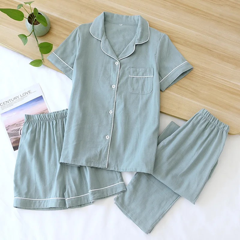 Spring and summer new women\'s pajamas three-piece set short sleeves + shorts + trousers 100% cotton gauze ladies home set