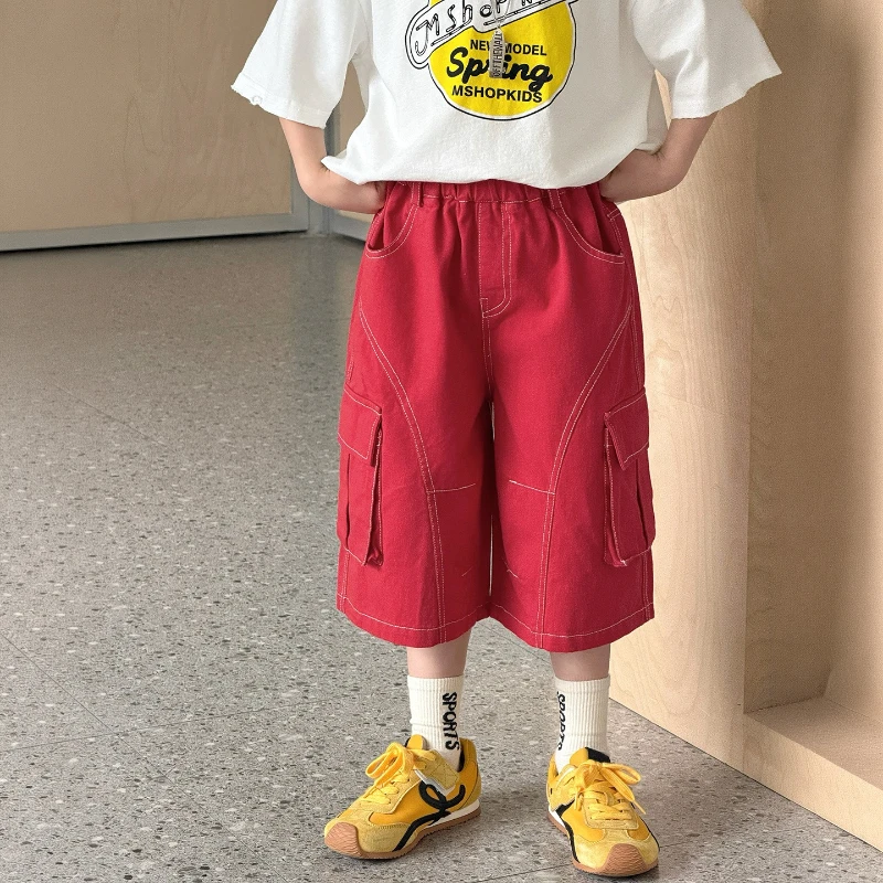 

2026 Children's Summer New Bright Thread Design Soft Solid Color Wide Leg Work Pants