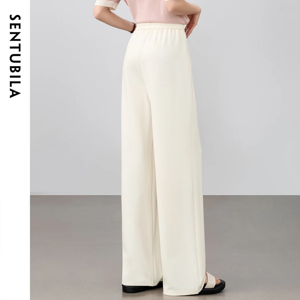 SENTUBILA Casual Pants Elastic Waist Beige Loose Fit Comfort Ladies Trousers 2025 Drawstring Knitted Pants Women W52K80163