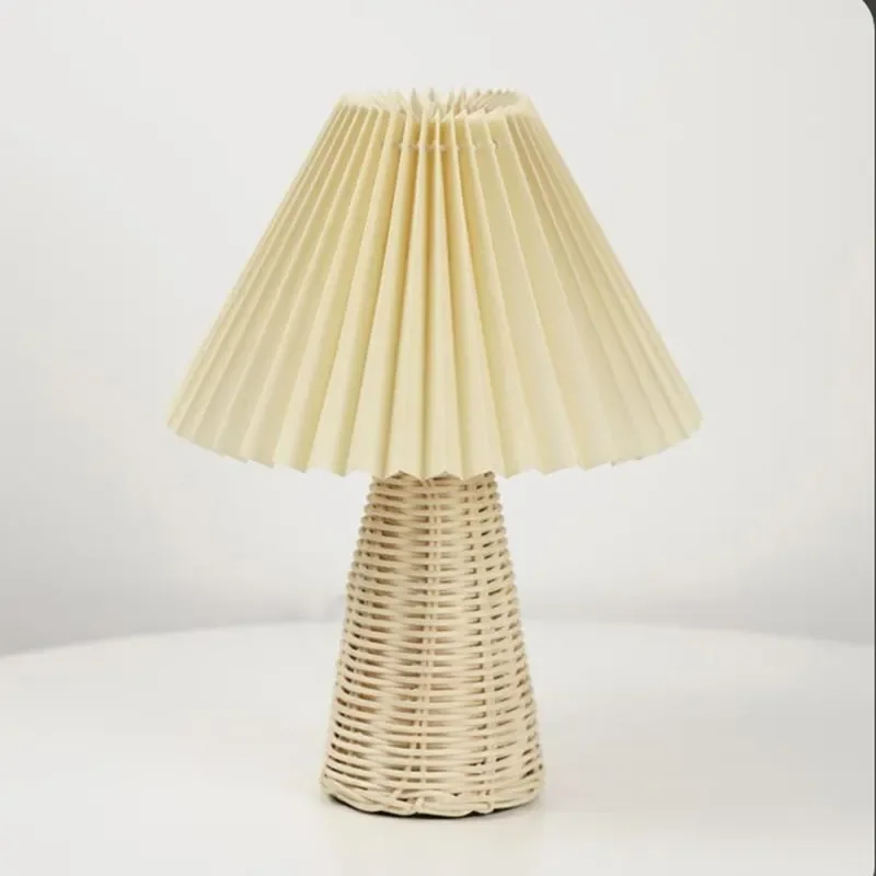 Vintage Pleated Desk Lamp Creative Rattan Night Light Study Decoration Bedroom Bedside Atmosphere Lighting