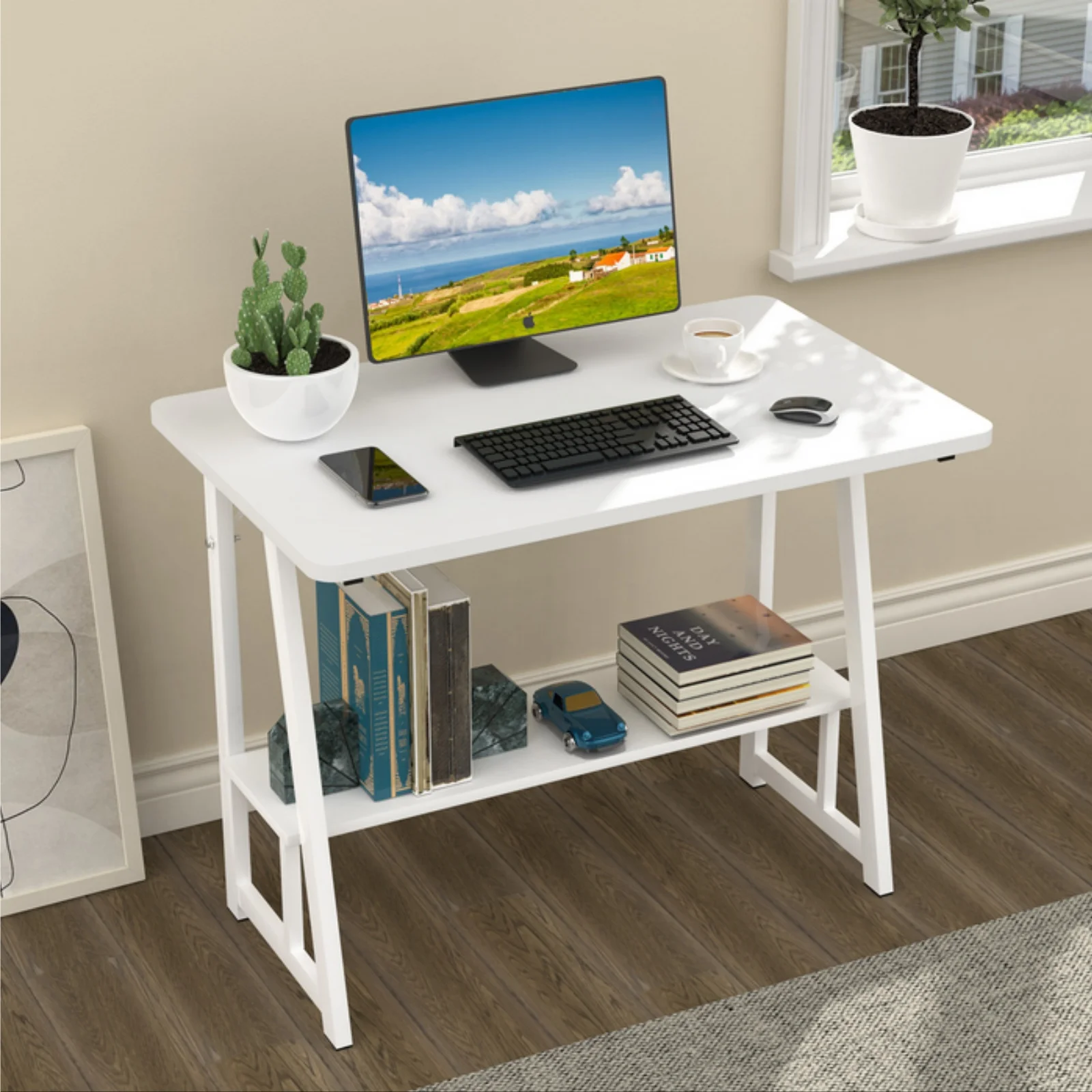 Picture 3: Computer Desk with Storage Shelf, 80 x 50 x 73 cm, Small Table, Computer Workstation for Office/Home, Writing/Dining Table