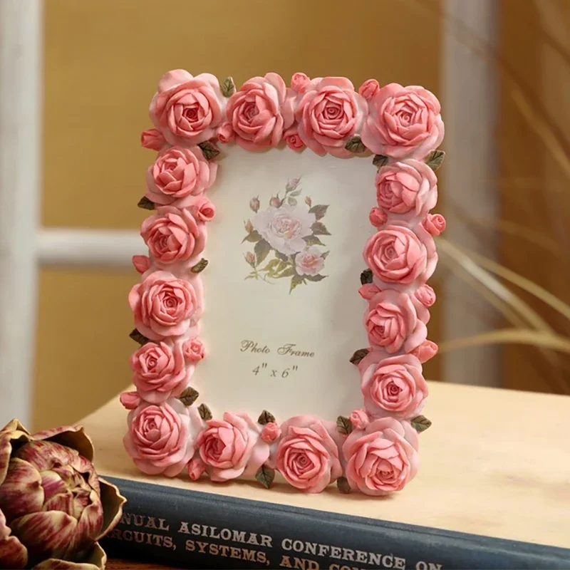 Pink Rose Flowers Resin Photo Frame 4x6 Inches Rectangle For Home Tabletop Decorations Or Valentine's Day Gift