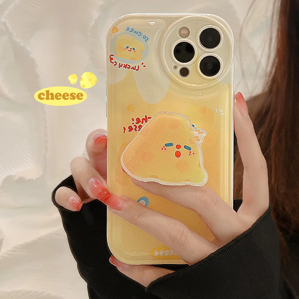 Retro Smile Cheese Stand bracket Phone Case For iPhone 14 13 11 12 Pro Max 14 Plus XR Xs Max X 7 8 Plus case Cute Cartoon Cover