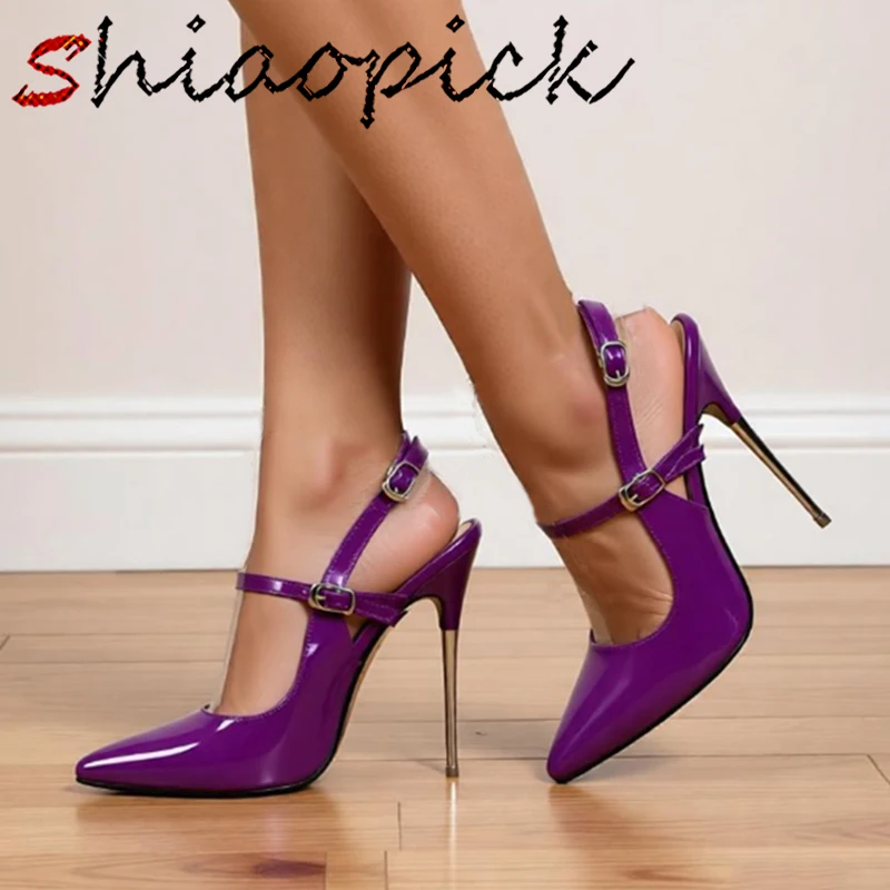 

2026 Newly Purple Ladies Plus Size Extreme Metal High Heels Sexy 16cm Woman Ankle Strap Pumps T-stage Cross Dresser Unisex Shoes