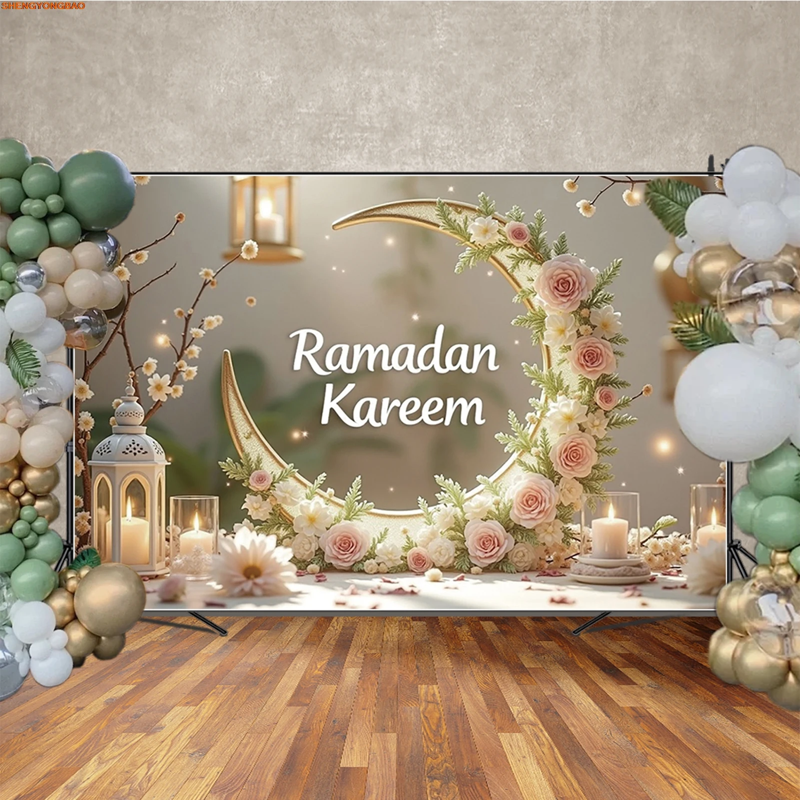 عيد الفطر خلفية التصوير الفوتوغرافي القمر الوردي الوردي الأبيض شمعة مهرجان خلفية راية استوديو الصورة