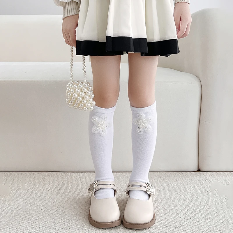Lovely Children Breathable Mid Calf Socks Featured Exquisite Hand Sewn Pearl Flower Ornament Moderate Stretch Thin Knit hosiery