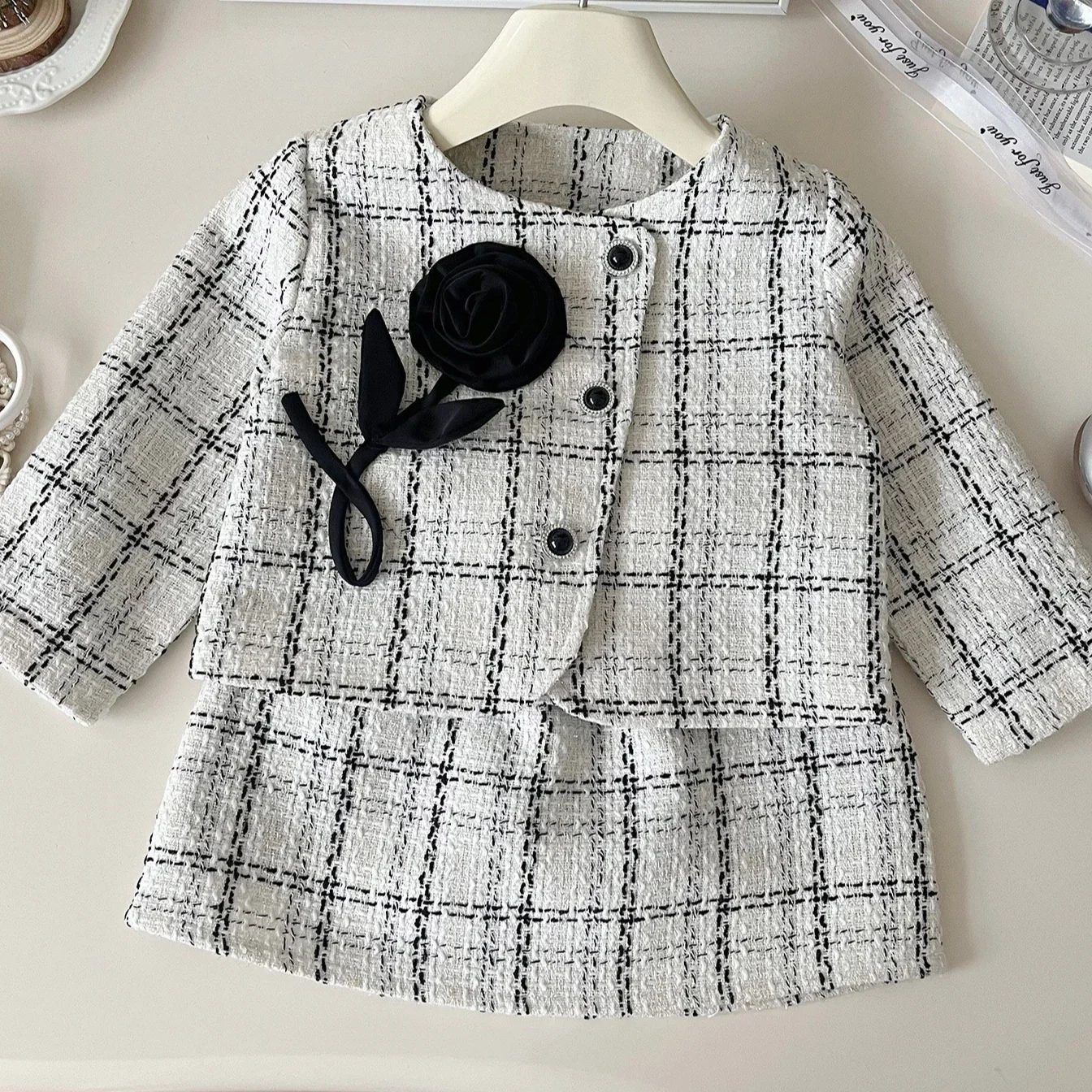 

Girls Suit 2025 Autumn and Winter New Childrens Clothing Korean Girl Baby Temperament Coat Round Collar Plaids Skirt Two Sets