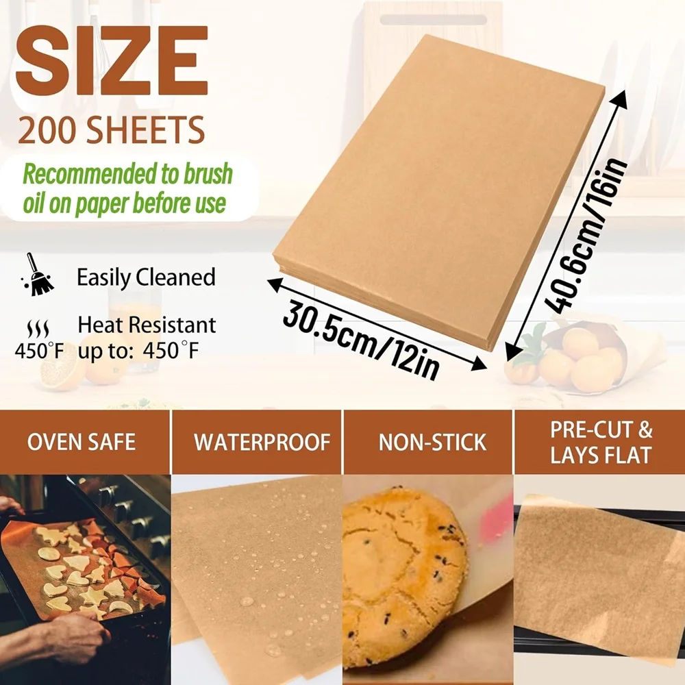 200 Pieces Parchment Paper Baking Sheets Non stick Pre-cut for Baking BBQ Paper Wax Paper Air Fryer Steaming Cookies Disposable