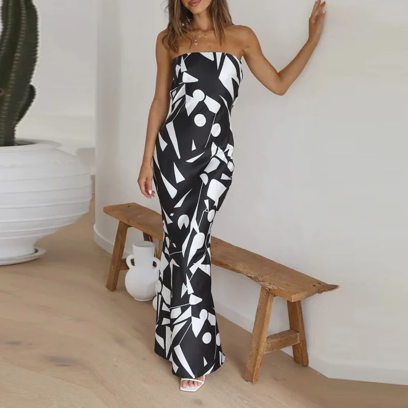 Vestido largo con estampado gráfico para mujer, traje elegante con espalda descubierta y un hombro al descubierto, estilo playero, 2023