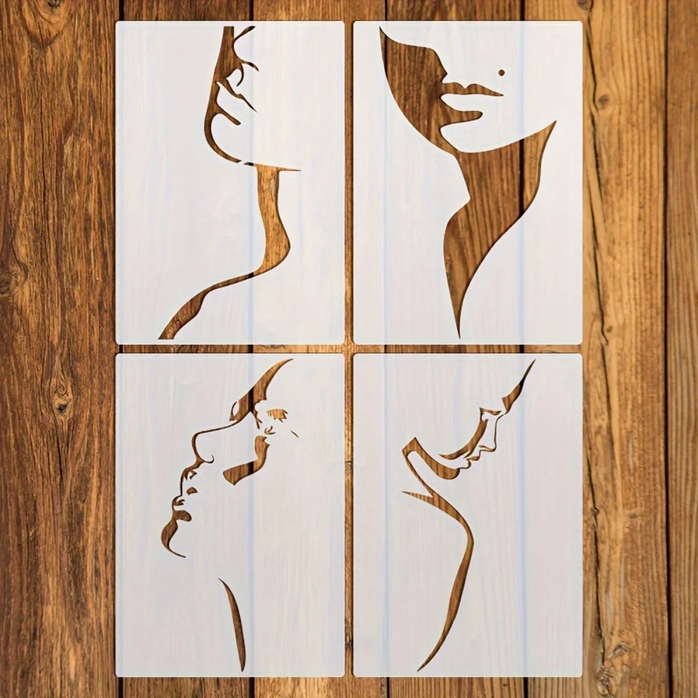 4pcs A4 Face Outline Stencils, Modern Portrait Line Art Templates, Reusable PET Stencils for DIY Painting on Wall, Canvas, Fabri