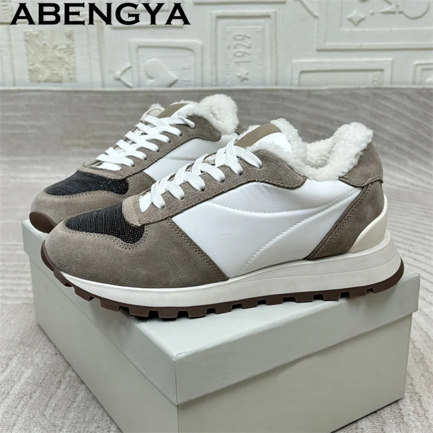 

New Wool lining Warm Lace Up Sneakers Shoes for Woman Genuine Suede Leather Trainer Casual Flat Shoes Winter Shoes Women