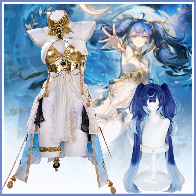 Wuthering Waves Iuno Cosplay レ Peluca de cola de caballo doble azul Accesorios Zapatos Juego completo para mujeres Niñas Hombres Carnaval de Halloween