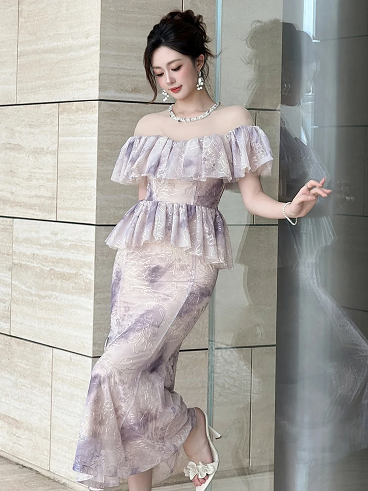 Celebrity Elegant Party Dress Women Sheer Mesh Splice Pearl Neckline Ruffle Peplum Fishtail Robe Formal Dinners Wedding Vestidos