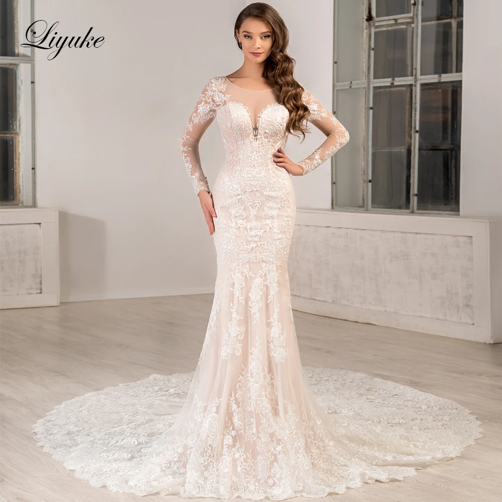 Liyuke Customize Made Shining Mermaid Wedding Dress Appliques Lace Full Sleeves O-Neck Trumpet Bridal Gowns