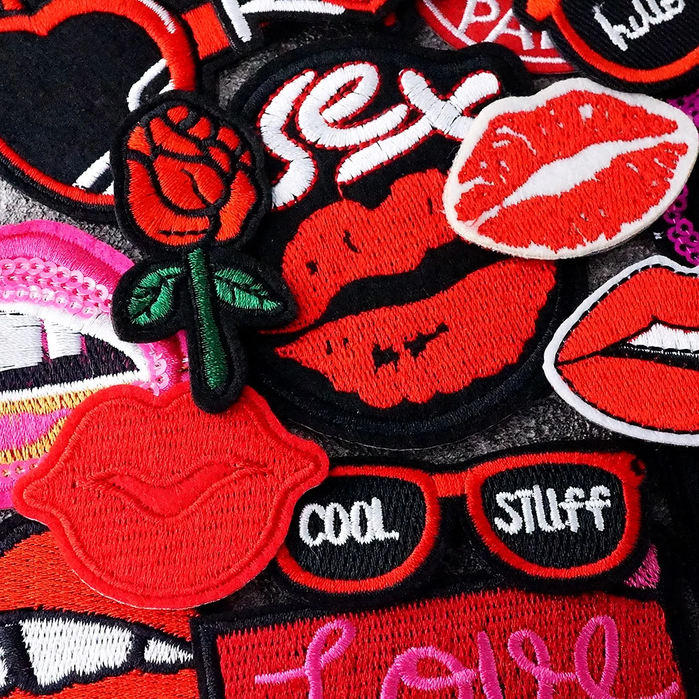 Red Mouth Lip Print Patches for Clothing Iron on Patch Embroidery Appliques Decorative Embellishments Repair Personality Fabric