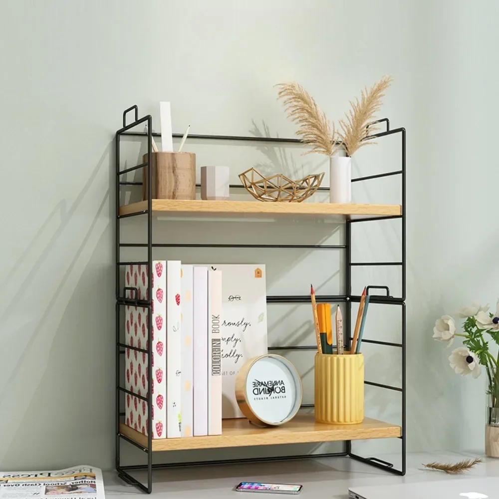 2 Layers Desktop Bookshelf Kitchen Office Organizer Holder Wooden Small Simple Bookshelf Desk Storage Office Dormitory Desk