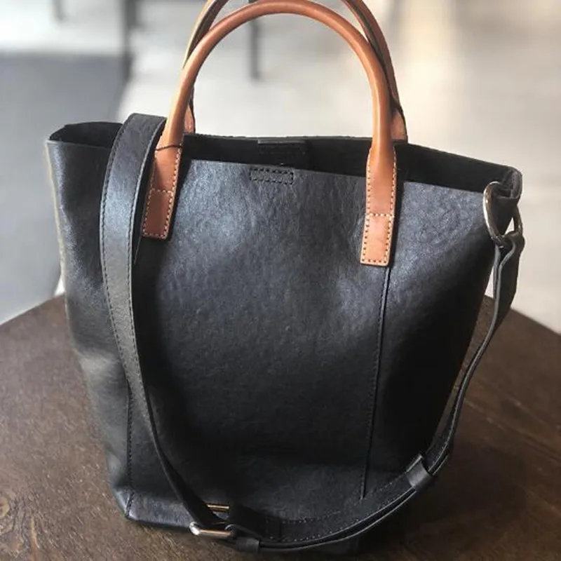 2024 new black cowhide women's bag retro fashion casual bucket South Korean version of handbag shoulder crossbody bag