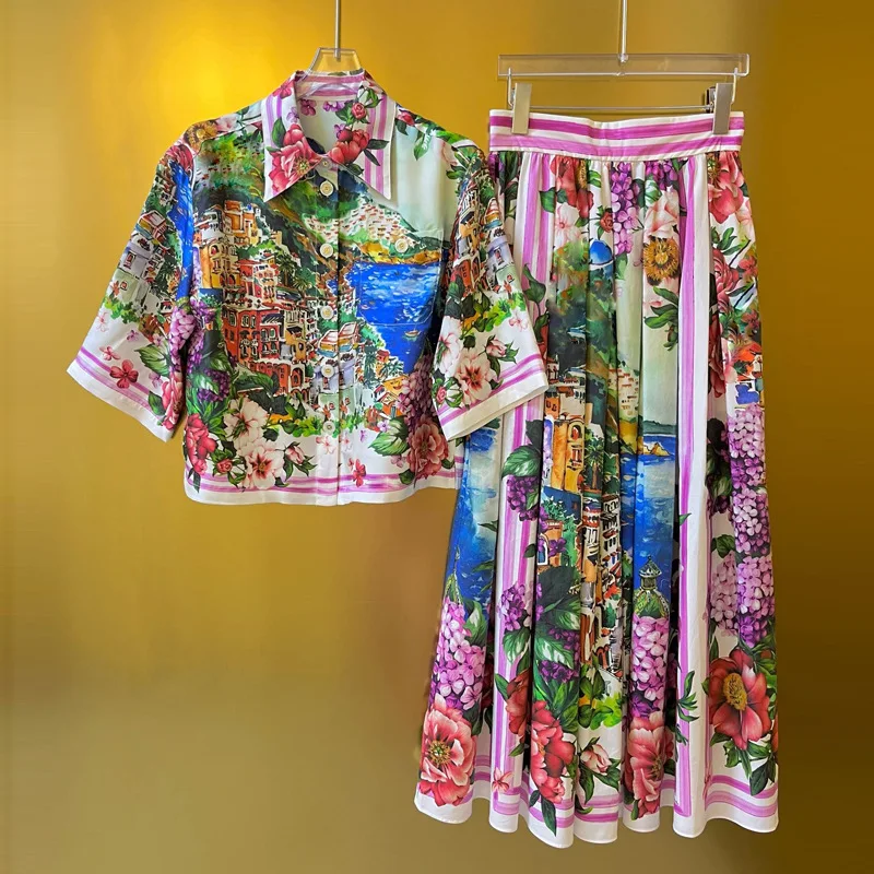 Quality Runway Summer Fall Flower Two Piece Set Women Skirts Suits Seaside Print Sexy Crop Tops T Shirts Long Maxi Skirt Outfits