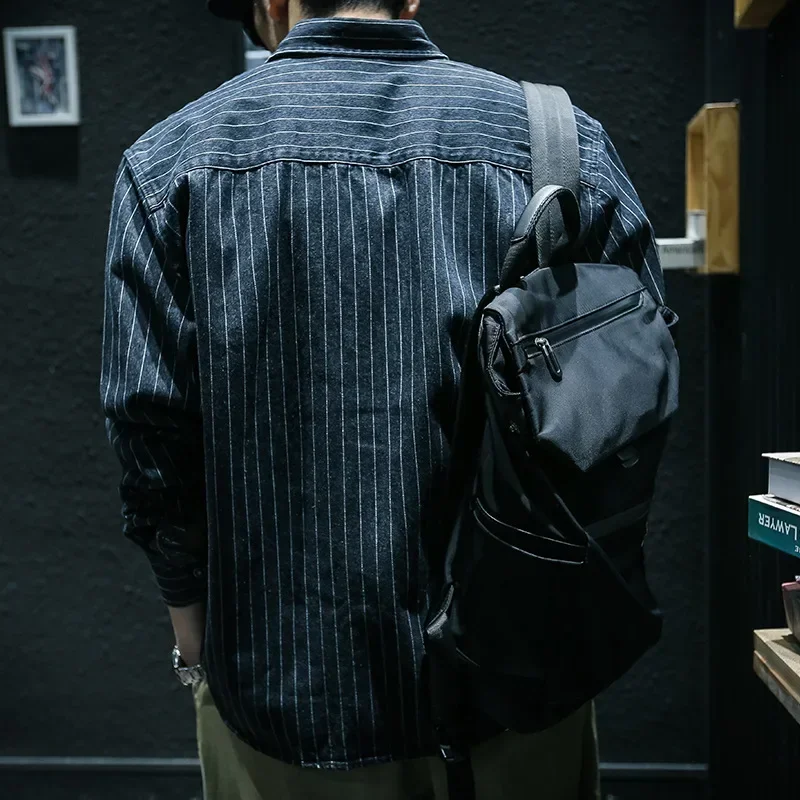 남성용 데님 스트라이프 긴팔 셔츠, 루즈 라지 사이즈 캐주얼 셔츠, 빈티지 아메리칸 헤비 코튼 카고 셔츠 코트, 작업복