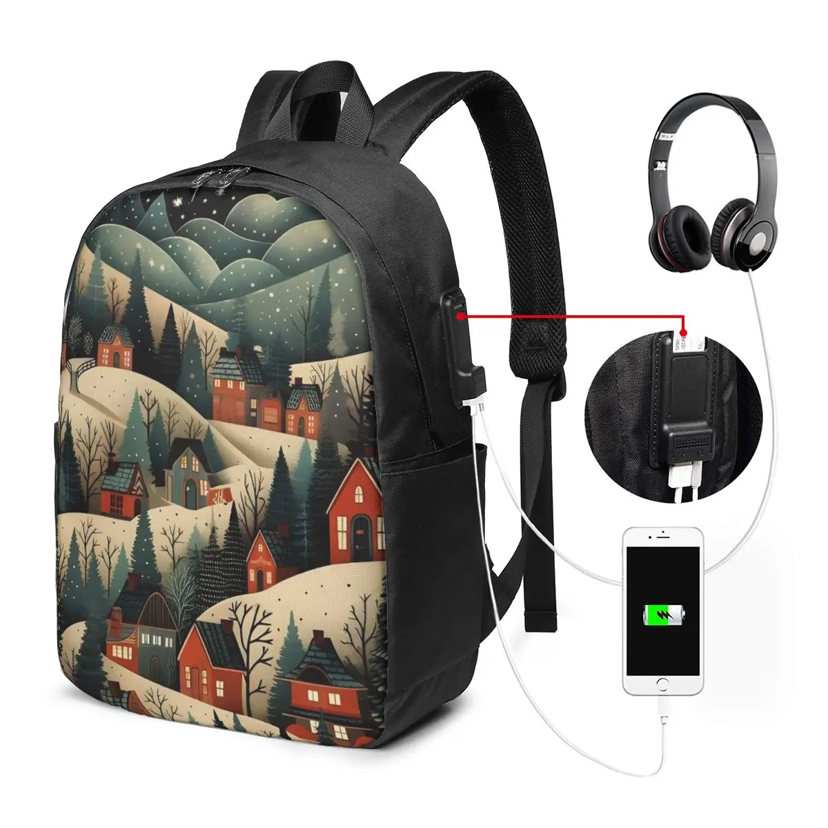 Enchanting Fairy Tale Town Print Backpack Travel Notebook Bag Computer College Student School Bag Laptop Shoulder Bags Men Women