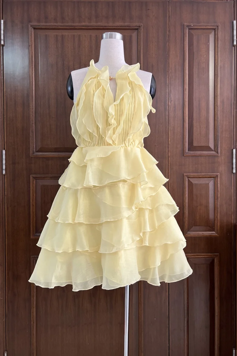 Vestido Mini Sem Mangas de Designer de Alta Qualidade com Bordas em Camadas, Elegante para Casamentos e Festas para Mulheres