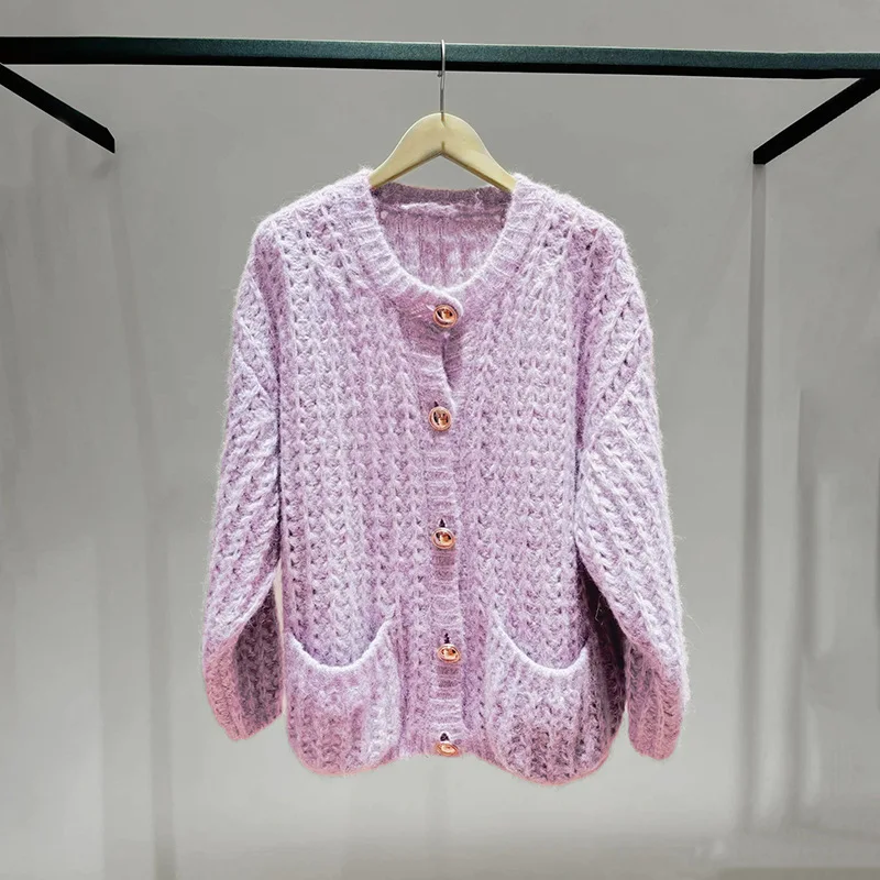 

【Gift Free】French Niche 2025 Autumn Winter Soft Lavender Chunky Cable Knit Round-Neck Loose Lazy Cardigan for Women