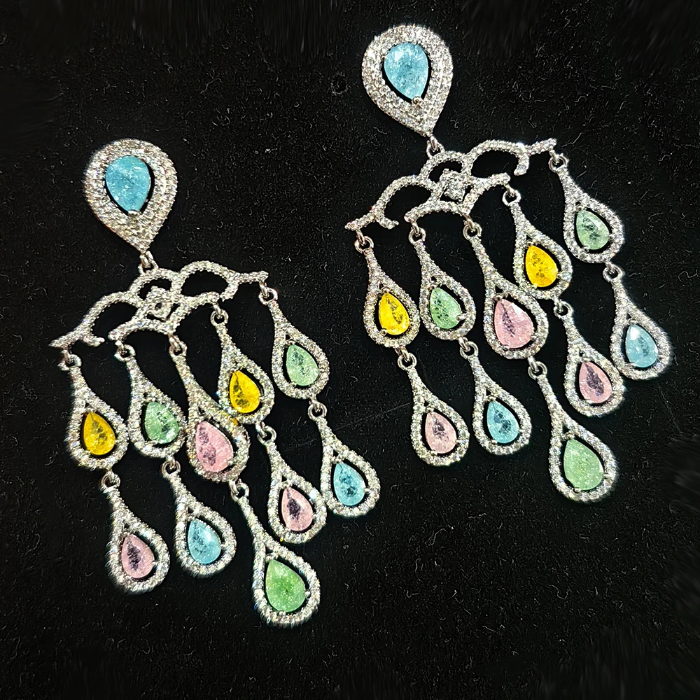 Luxury Multicolor Zirconia Water Drop Tassel Earrings for Women Sparkly Chandelier Earrings Banquet Gala Event Accessories