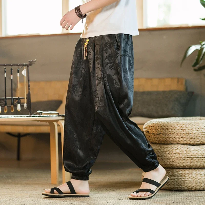 Hipster Ice Silk Satin Men's Pants Dragon Pattern Chinese Loose Trousers Smooth Satin Pants Taiji Comfortable Beach Pants