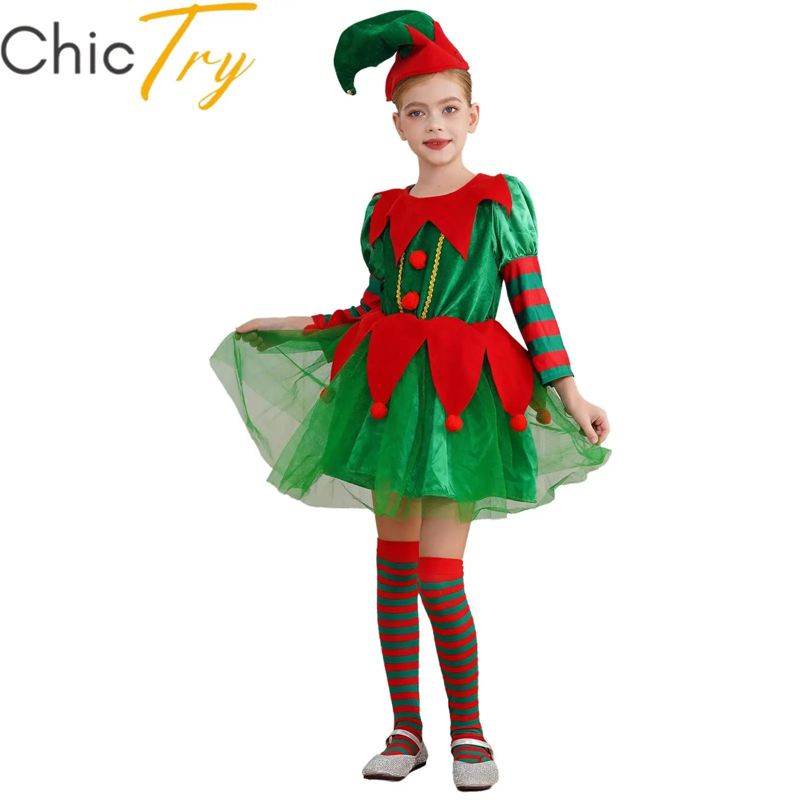 Costume d'elfe de Noël avec accessoires pour enfants, robe d'aide du père Noël, tenue de fête du nouvel an, vêtements de festival pour filles