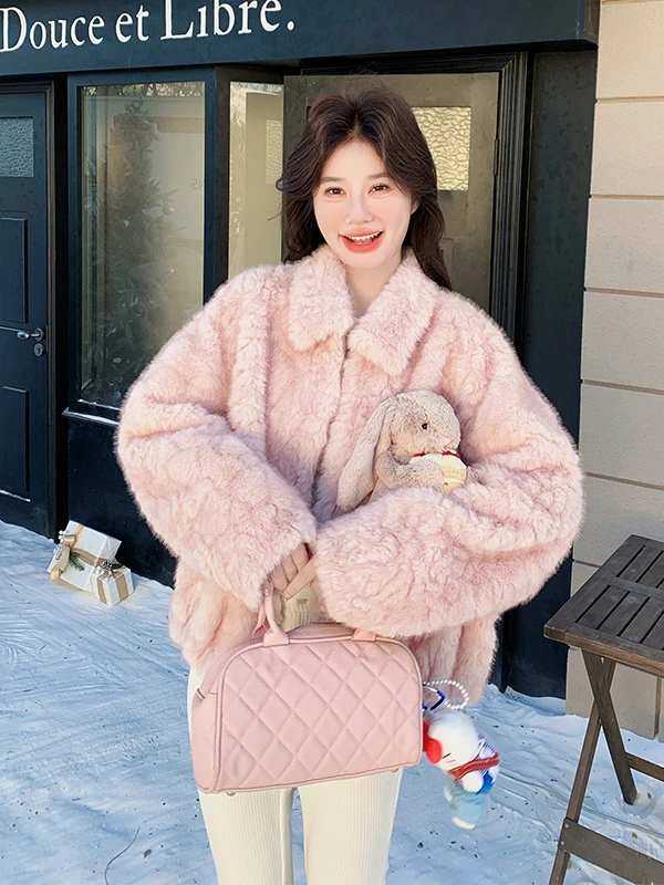 Pink Fluffy Lamb Fur Jaet Women's ort Sle Warmth Autumn Winter New Arrival Small Size Ele Loose Fit Long Sve Zipper
