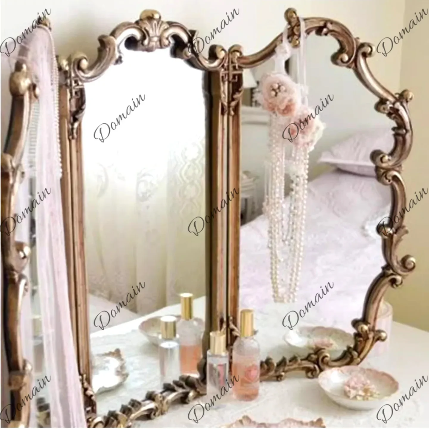 XX French Tri-fold Vanity Mirror Desktop Retro Bedroom European Carved Mirror Bathroom Wall Mirror