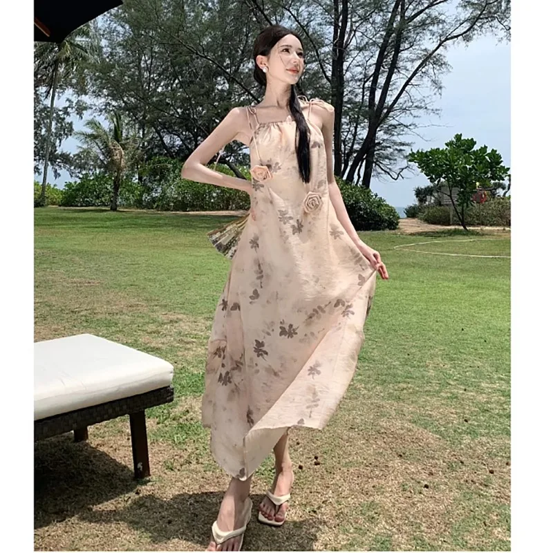 

New Vintage Lolita Lace Up Dress 2024 Casual Chinese Style Women's Floral Robes Gentle Idyllic Lazy Loose Sleeveless Dresses