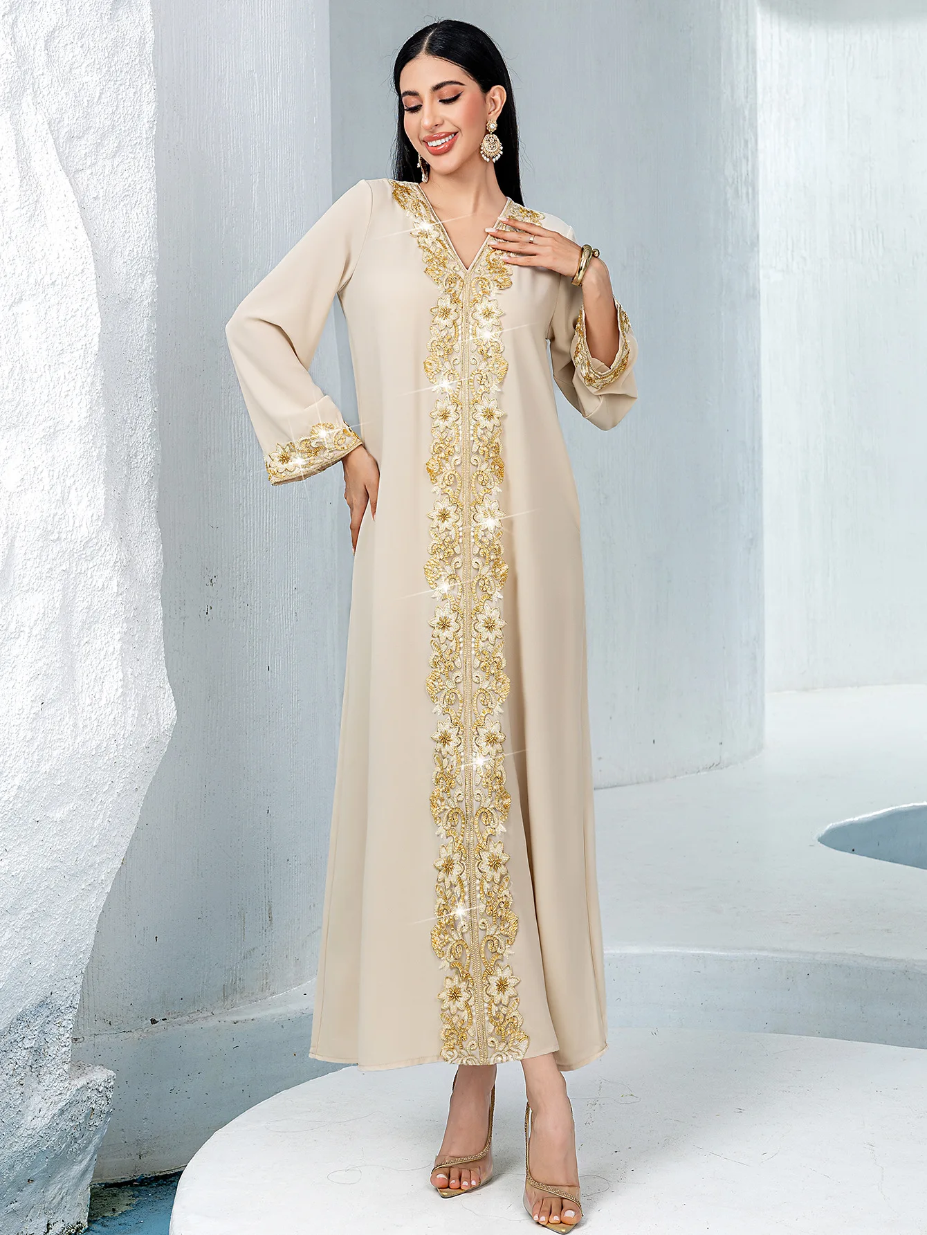 Moda Eid Mubarak Dubai Abayas Kobiety Muzułmańskie Długie Rękawy Maxi Sukienka Ramadan Jalabiya Kaftan Caftan Wieczór Marocain Femme Suknia