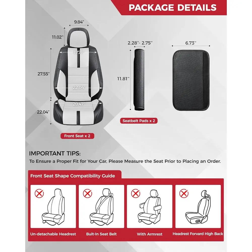 أغطية مقاعد السيارة من جلد نابا الصناعي باللونين الأبيض والأسود مع وسادات حزام الأمان من ألياف الكربون وواقيات وسادة لطيفة لسيارة السيدان #2