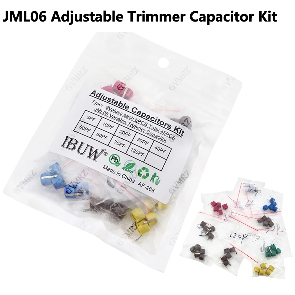 45PCS 9Values JML06 Adjustable Trimmer Capacitor Kit (5PF-120PF) for RF Circuit Tuning & Oscillator Electronic DIY Projects 5PF