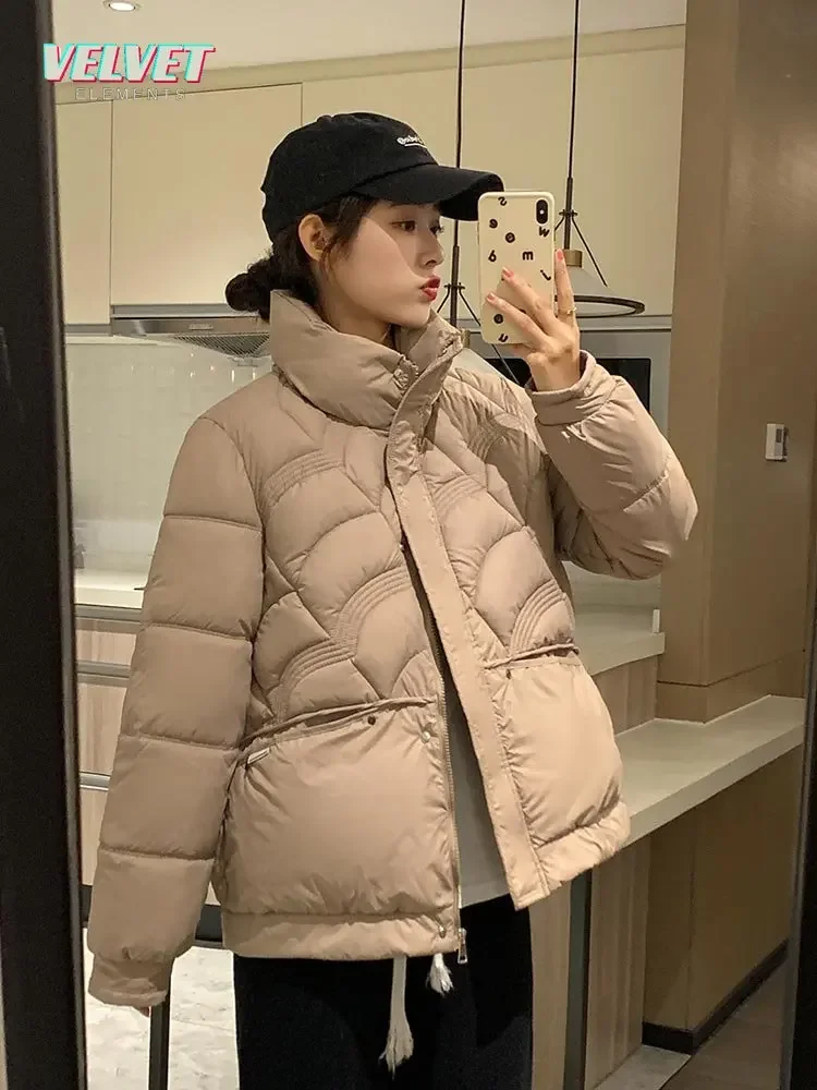 

V&E 2023 New Short Parkas Women Stand Collar Vintage Down Cotton Padded Winter Jacket Thick Warm Winter Coat Female Outerwear